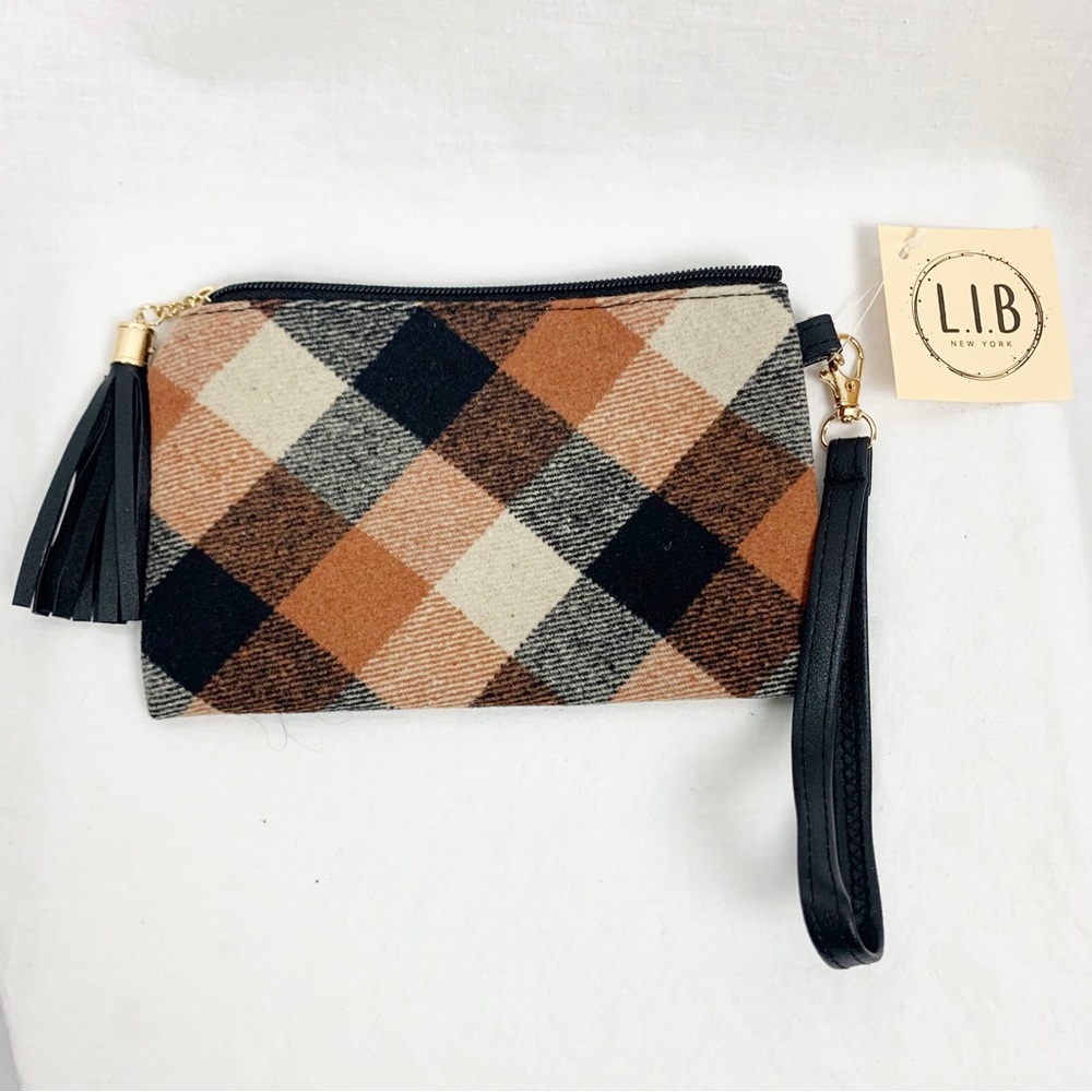 NEW LIB New York Buffalo Plaid Flannel Wristlet Clutch Bag Tassel - Picture 3 of 4